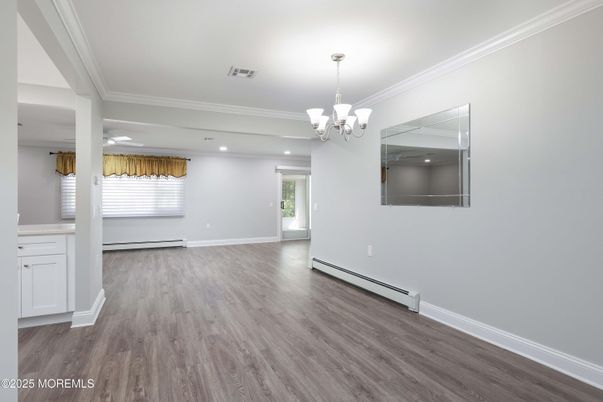 Chandelier, Empty room, Interior, Recessed Lighting, Wood Texture Flooring