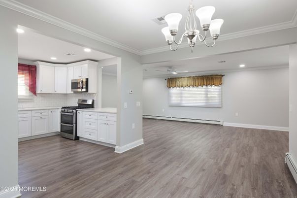 Chandelier, Interior, Kitchen, Recessed Lighting, Wood Texture Flooring