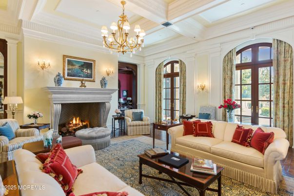 Chandelier, Fireplace, Interior, Living room, Recessed Lighting