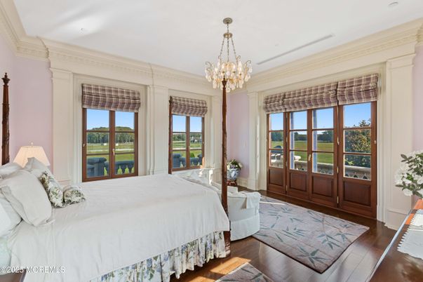 Bedroom, Chandelier, Interior, Wood Texture Flooring