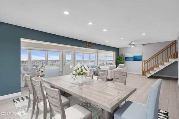 Dining room, Interior, Living room, Recessed Lighting, Water, Wood Texture Flooring