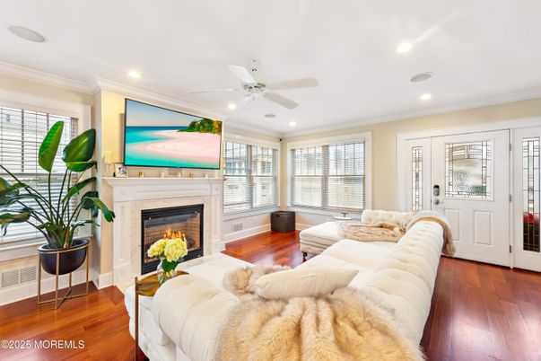 Fireplace, Interior, Living room, Recessed Lighting, Wood Texture Flooring