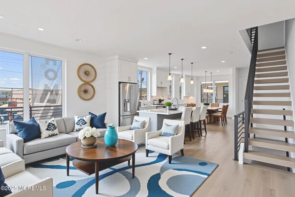 Dining room, Interior, Kitchen, Living room, Pendant Lights, Recessed Lighting, Stainless Steel Appliances, Wood Texture Flooring