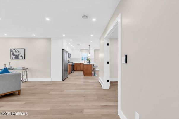 Interior, Kitchen, Pendant Lights, Recessed Lighting, Stainless Steel Appliances, Wood Texture Flooring