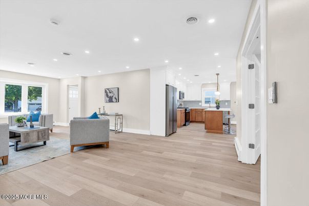 Interior, Kitchen, Living room, Pendant Lights, Recessed Lighting, Stainless Steel Appliances, Wood Texture Flooring