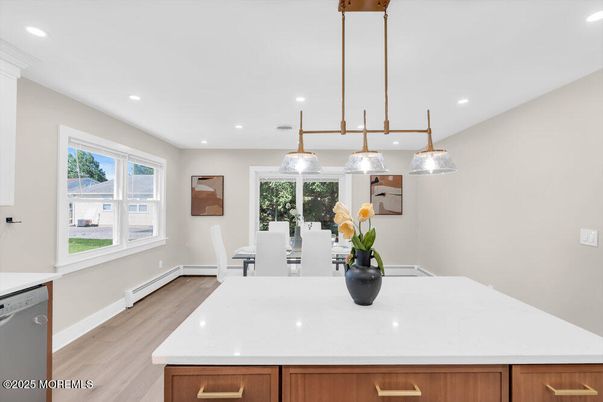 Dining room, Interior, Kitchen, Pendant Lights, Recessed Lighting, Wood Texture Flooring