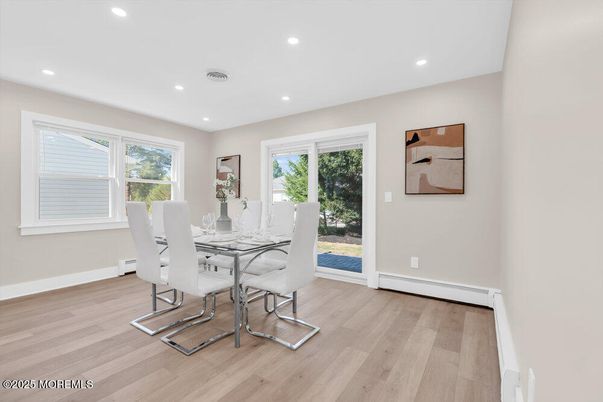Dining room, Interior, Recessed Lighting, Wood Texture Flooring