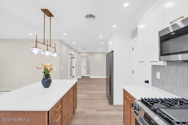 Interior, Kitchen, Pendant Lights, Recessed Lighting, Stainless Steel Appliances, Wood Texture Flooring