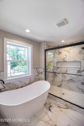 Bathroom, Free Standing Baths, Glass Shower, Interior, Marble, Marble Walls, Recessed Lighting