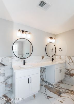 Bathroom, Dual Sink Vanities, Interior, Marble, Marble Walls