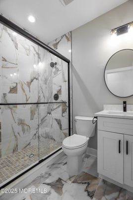 Bathroom, Glass Shower, Interior, Marble, Marble Walls, Recessed Lighting