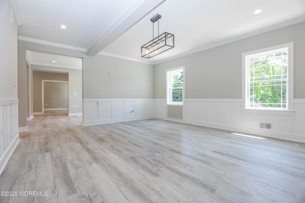 Empty room, Interior, Pendant Lights, Recessed Lighting, Wood Texture Flooring