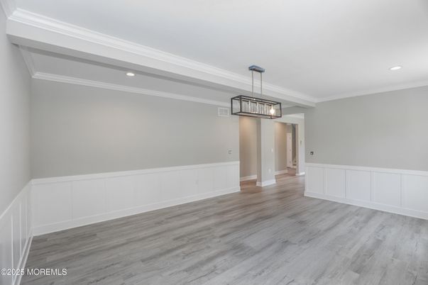 Empty room, Interior, Pendant Lights, Recessed Lighting, Wood Texture Flooring