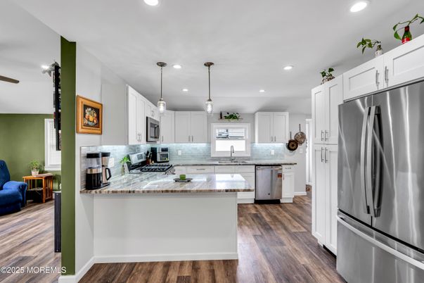 Interior, Kitchen, Pendant Lights, Recessed Lighting, Stainless Steel Appliances, Wood Texture Flooring