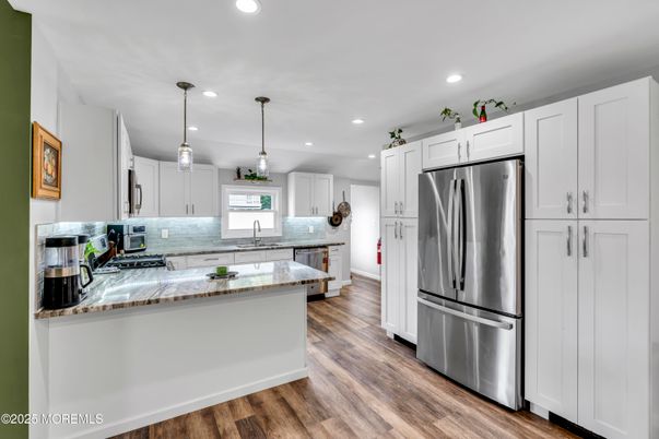 Interior, Kitchen, Pendant Lights, Recessed Lighting, Stainless Steel Appliances, Wood Texture Flooring
