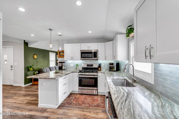 Interior, Kitchen, Pendant Lights, Recessed Lighting, Stainless Steel Appliances, Wood Texture Flooring