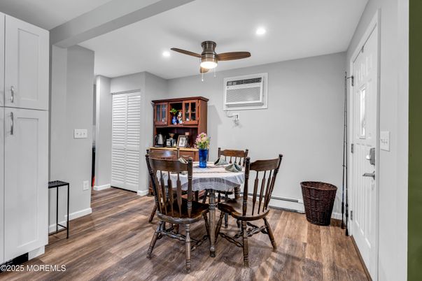 Dining room, Interior, Recessed Lighting, Wood Texture Flooring