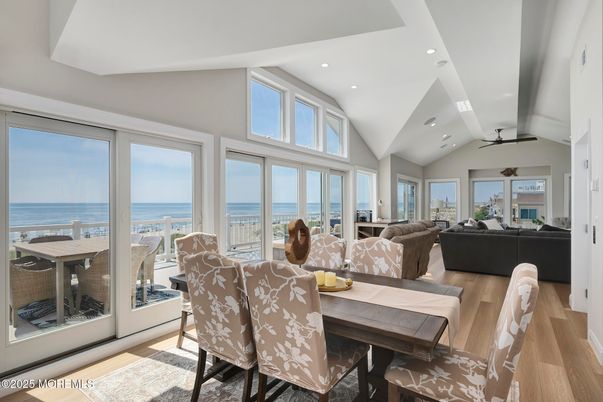 Dining room, Interior, Living room, Recessed Lighting, Water, Wood Texture Flooring