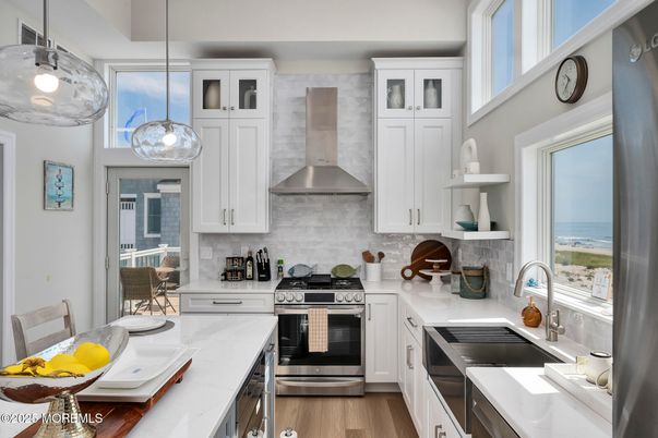 Interior, Kitchen, Pendant Lights, Stainless Steel Appliances, Water, Wood Texture Flooring