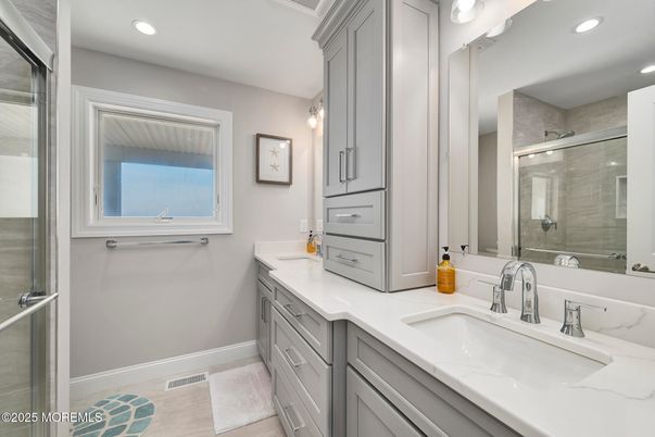 Bathroom, Dual Sink Vanities, Glass Shower, Interior, Recessed Lighting