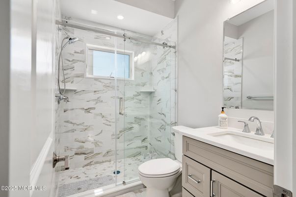 Bathroom, Glass Shower, Interior, Marble Walls, Recessed Lighting