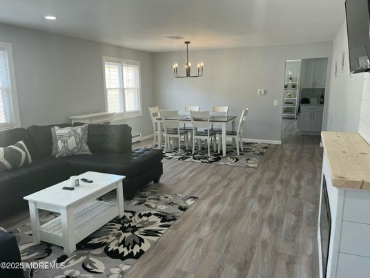 Dining room, Interior, Kitchen, Living room, Pendant Lights, Recessed Lighting, Wood Texture Flooring