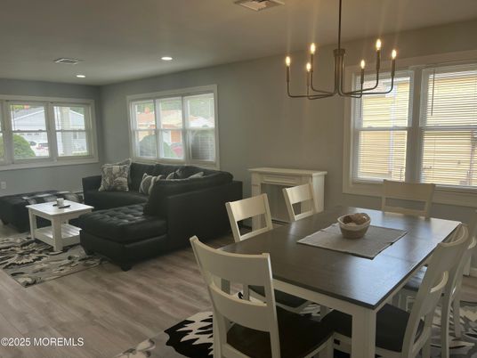 Chandelier, Dining room, Interior, Living room, Pendant Lights, Recessed Lighting, Wood Texture Flooring