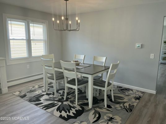 Dining room, Interior, Pendant Lights, Wood Texture Flooring