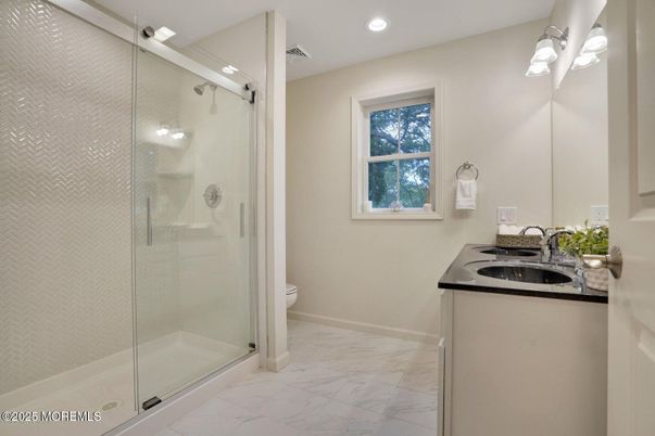 Bathroom, Glass Shower, Interior, Marble, Recessed Lighting