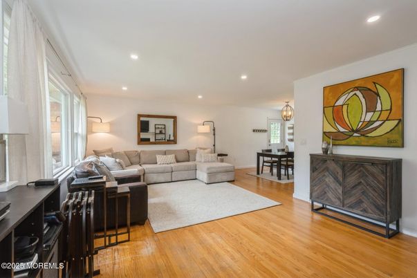 Dining room, Interior, Living room, Recessed Lighting, Wood Texture Flooring