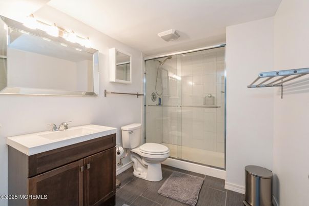 Bathroom, Glass Shower, Interior, Wood Texture Flooring