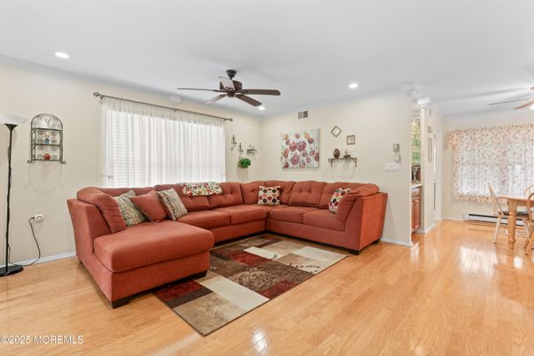 Dining room, Interior, Living room, Recessed Lighting, Wood Texture Flooring