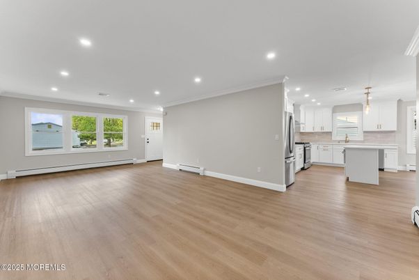 Empty room, Interior, Kitchen, Pendant Lights, Recessed Lighting, Wood Texture Flooring