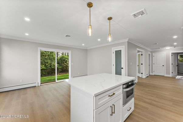 Interior, Kitchen, Pendant Lights, Recessed Lighting, Wood Texture Flooring