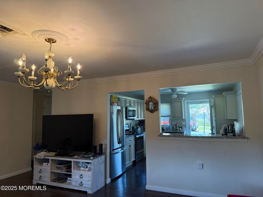 Chandelier, Interior, Kitchen, Stainless Steel Appliances, Wood Texture Flooring