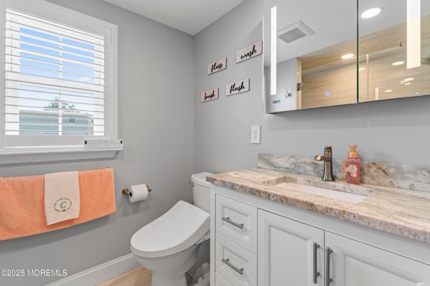Bathroom, Interior, Recessed Lighting, Wood Texture Flooring