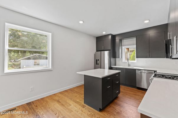 Interior, Kitchen, Recessed Lighting, Stainless Steel Appliances, Wood Texture Flooring
