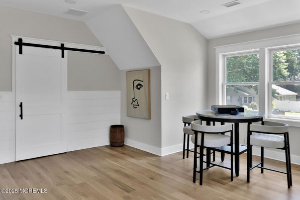 Dining room, Interior, Recessed Lighting, Wood Texture Flooring