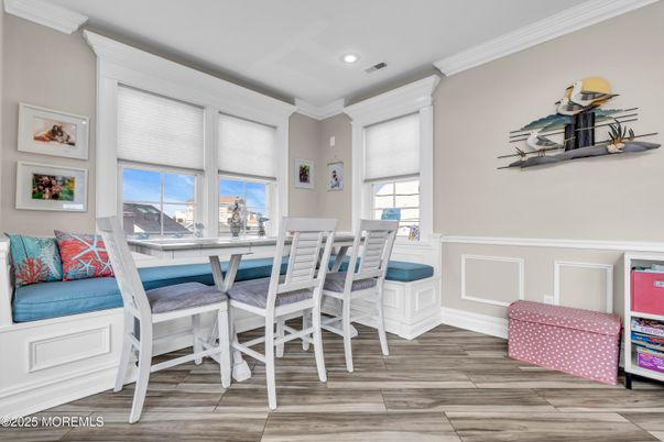 Dining room, Interior, Recessed Lighting, Wood Texture Flooring