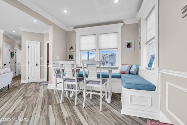 Dining room, Interior, Recessed Lighting, Wood Texture Flooring