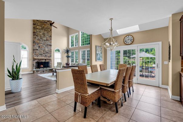 Dining room, Fireplace, Interior, Pendant Lights, Wood Texture Flooring