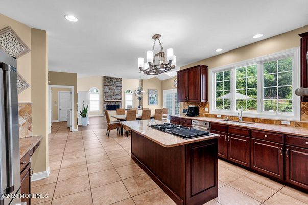 Chandelier, Dining room, Fireplace, Interior, Kitchen, Pendant Lights, Recessed Lighting