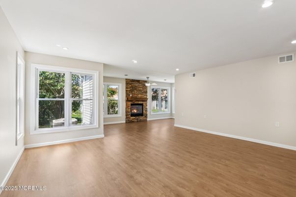Empty room, Fireplace, Interior, Recessed Lighting, Wood Texture Flooring