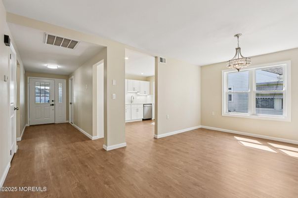 Empty room, Interior, Kitchen, Pendant Lights, Recessed Lighting, Wood Texture Flooring