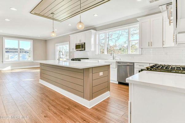 Interior, Kitchen, Pendant Lights, Recessed Lighting, Stainless Steel Appliances, Wood Texture Flooring