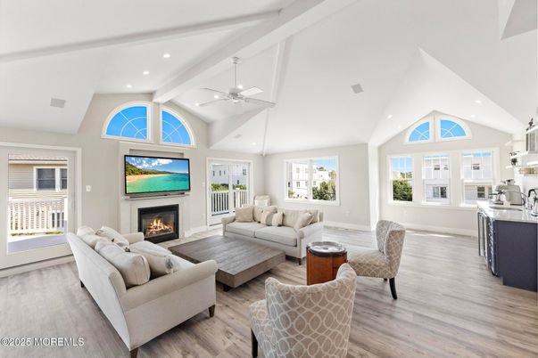 Fireplace, Interior, Living room, Recessed Lighting, Wood Texture Flooring
