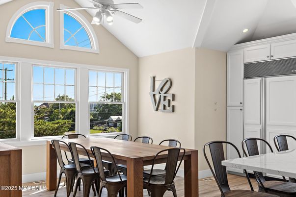 Dining room, Interior, Recessed Lighting, Wood Texture Flooring