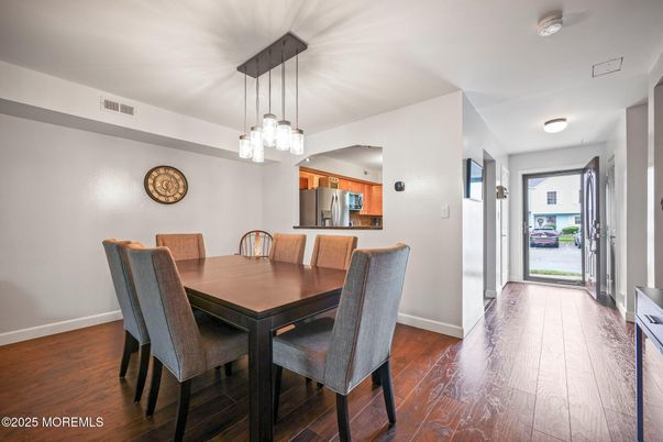 Dining room, Interior, Kitchen, Pendant Lights, Wood Texture Flooring