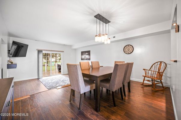 Dining room, Interior, Pendant Lights, Wood Texture Flooring