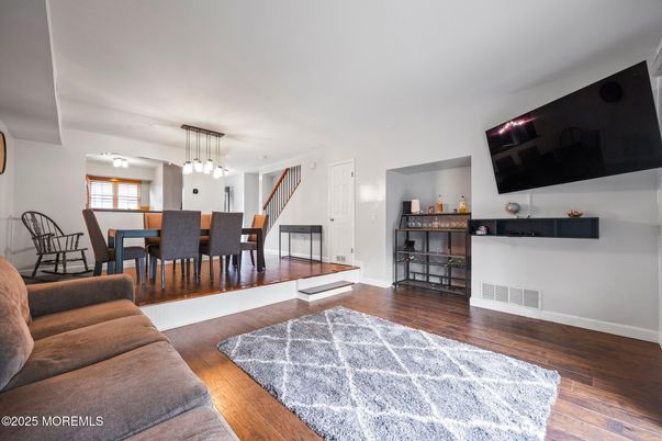 Dining room, Interior, Living room, Pendant Lights, Wood Texture Flooring